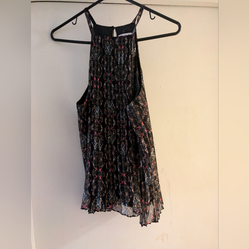 Likely Pleated Black and Pink Floral Top With Straps. US 6